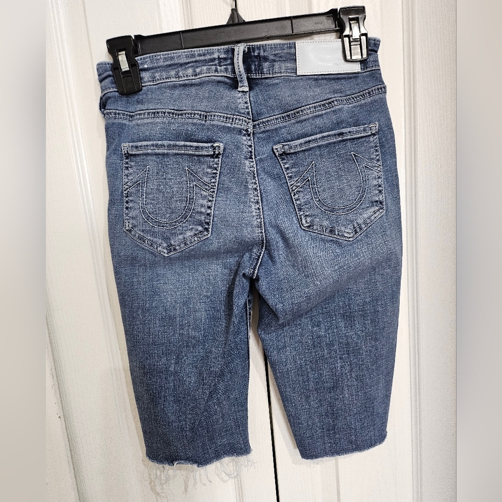 Y2K True Religion Riley Denim Shorts Women 25W Blue Frayed Hem Designer Jean. - Picture 4 of 11